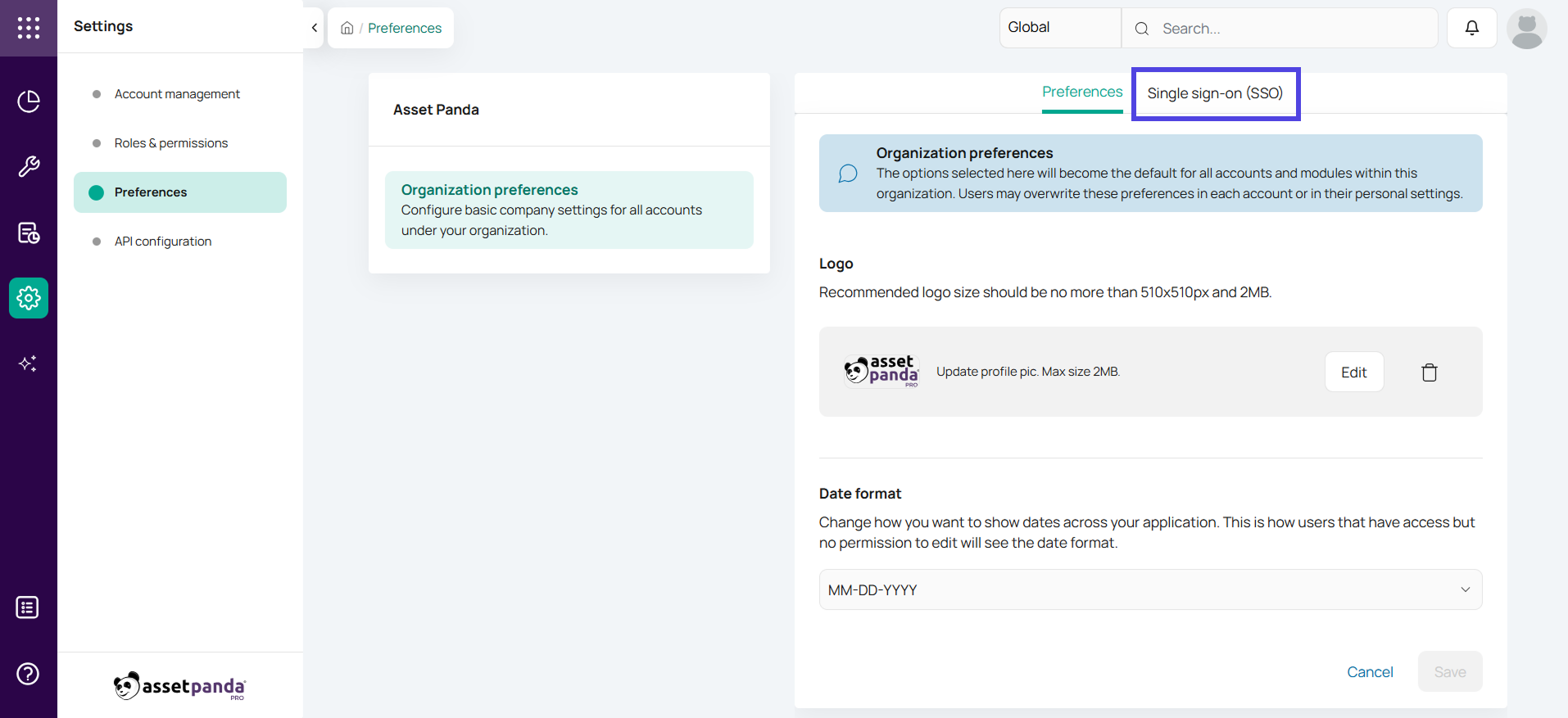 Asset Panda Pro SSO SAML Step 1