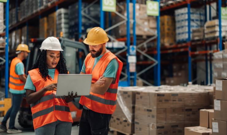 two workers looking at what inventory is in their laptop software