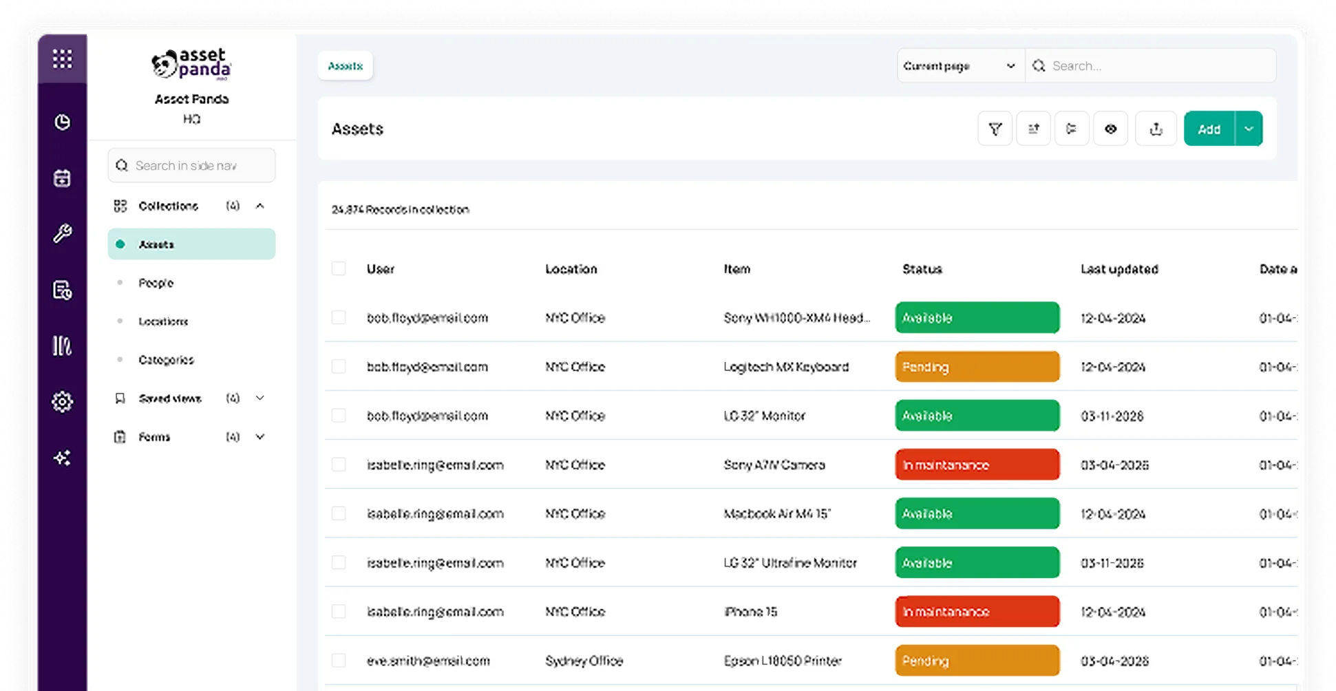 Asset assignment and ownership screen