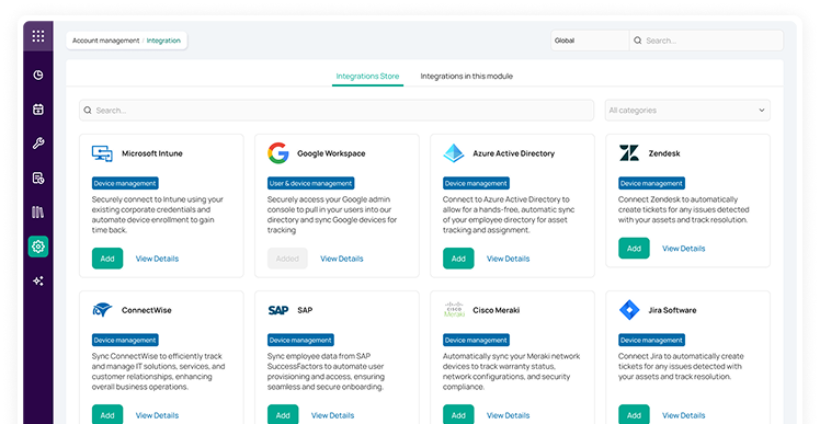 Integrations screen