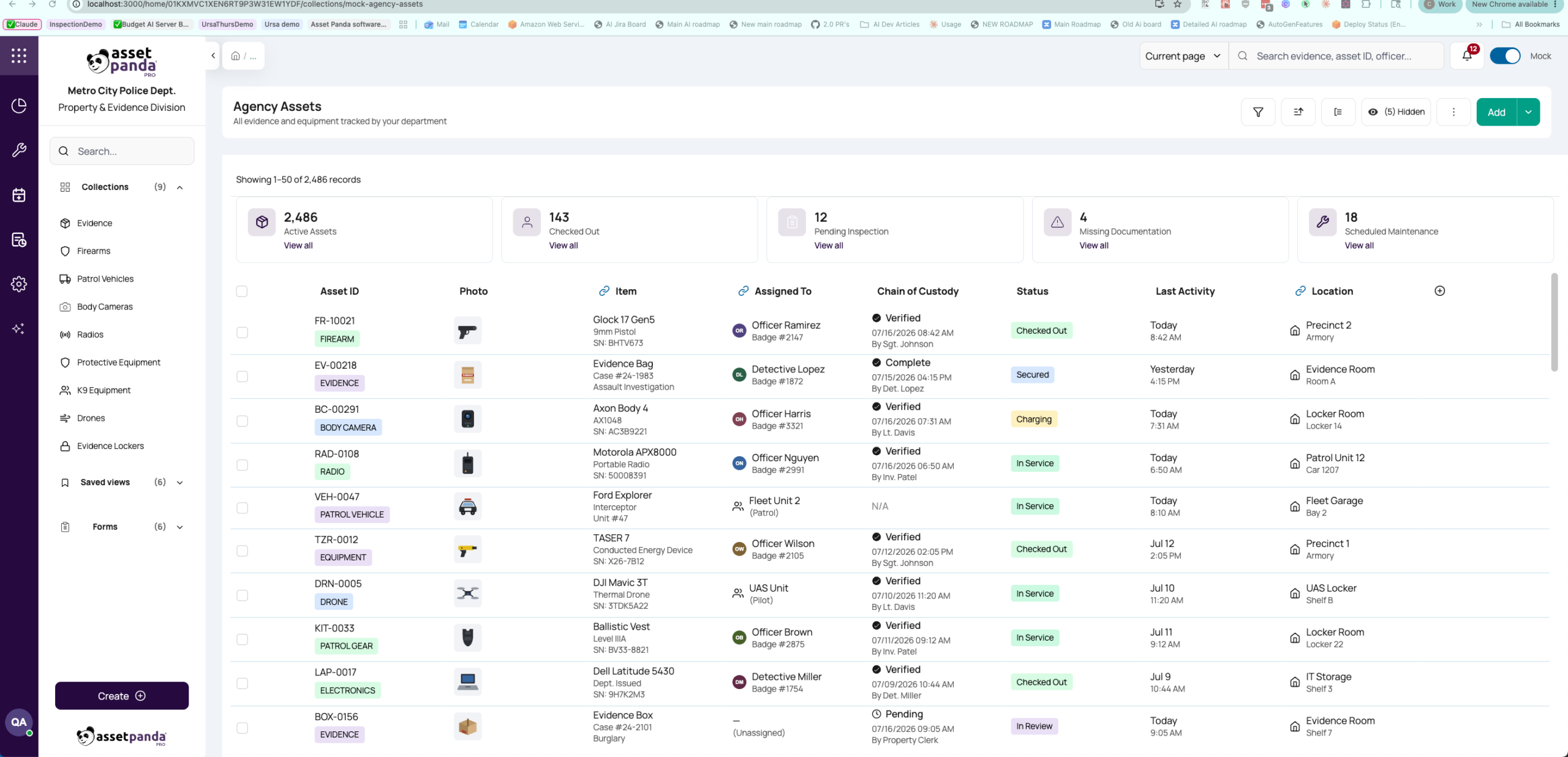 Asset Panda dashboard showing police asset records with chain of custody, status and location columns