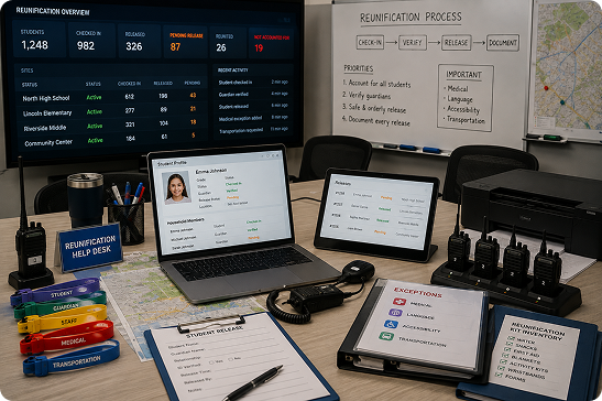 Emergency equipment staged on a planning table with a readiness dashboard on screen