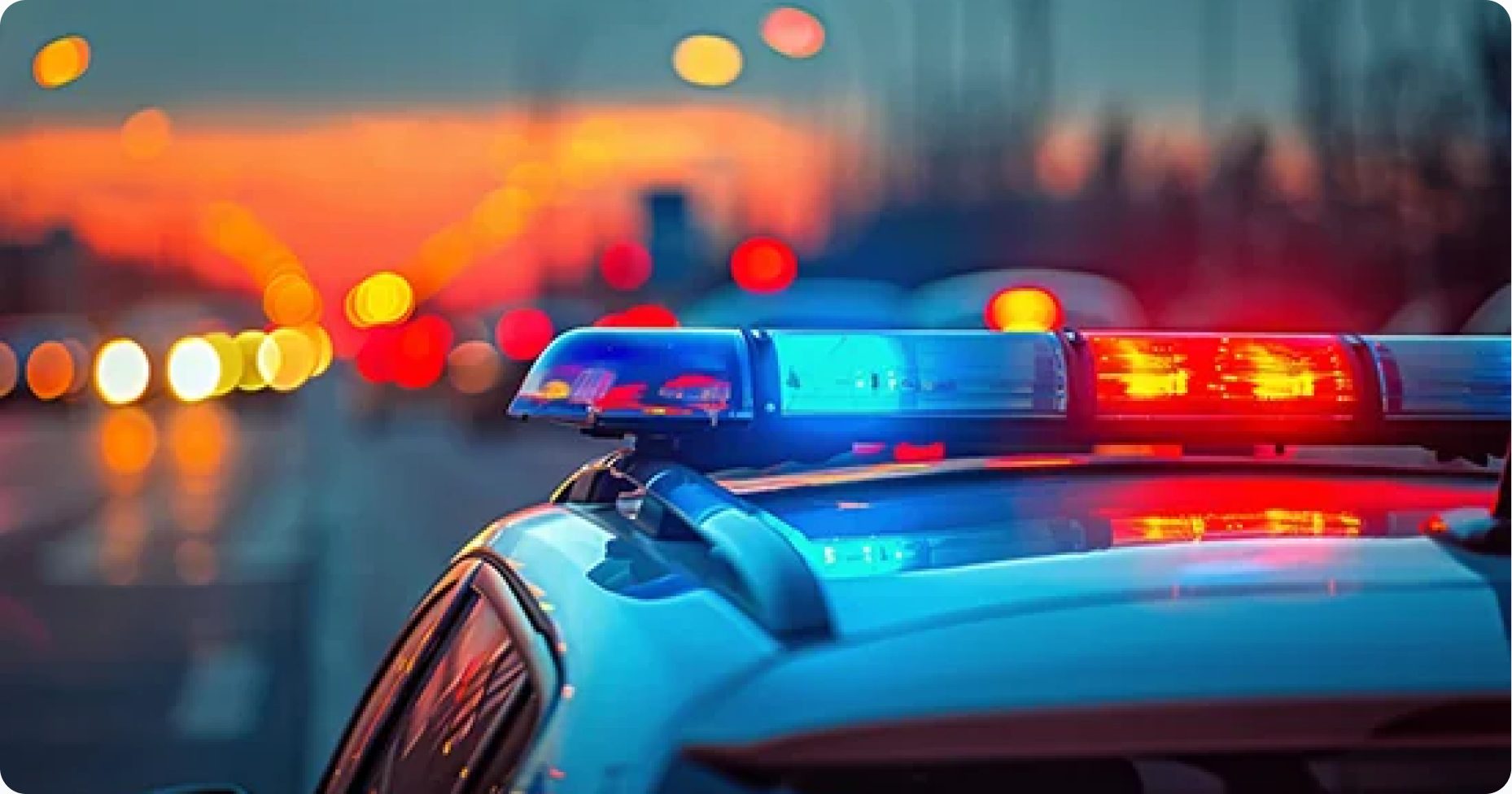 Police vehicles with emergency lights during a preparedness exercise