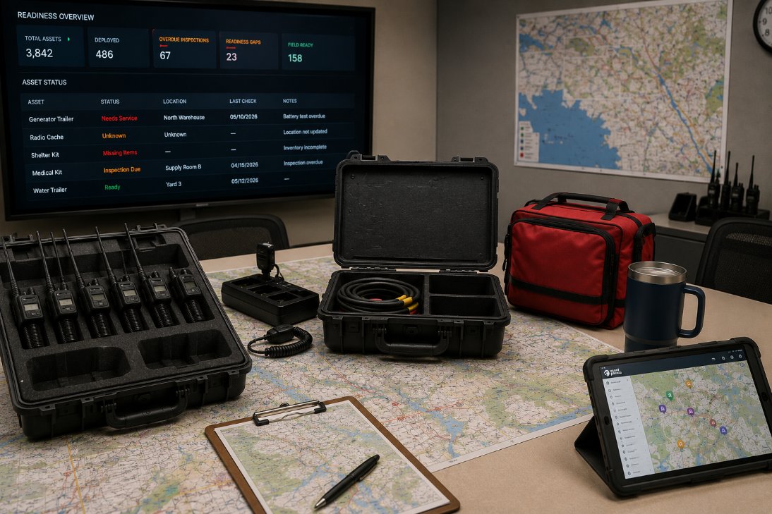 Emergency equipment staged on a planning table with a readiness dashboard on screen