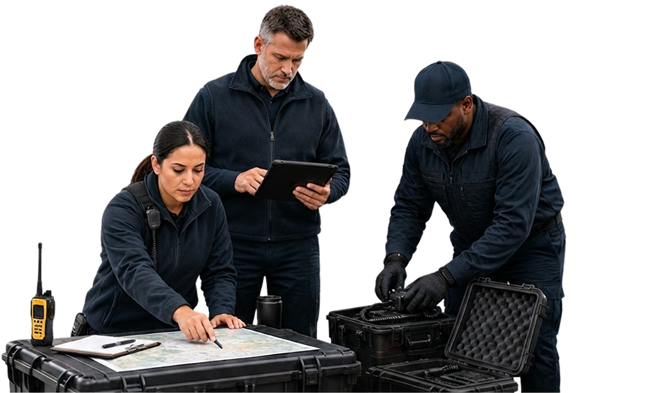 Emergency response team checking equipment readiness around a planning table