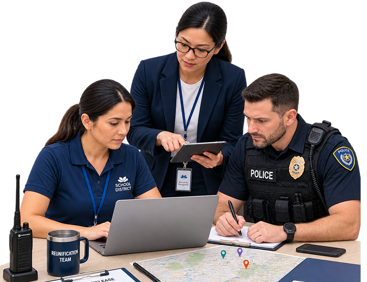 Emergency response team checking equipment readiness around a planning table