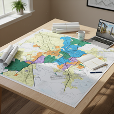 Zoning maps and plans on a desk