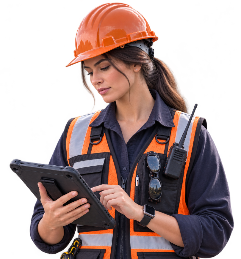 Construction worker reviewing equipment