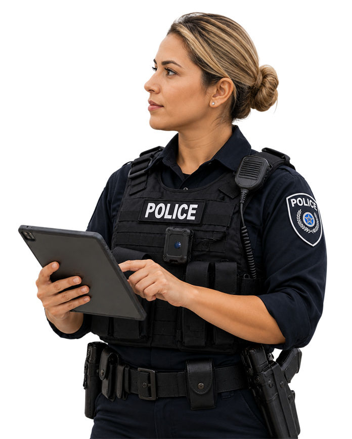 Police officer reviewing assets on a tablet