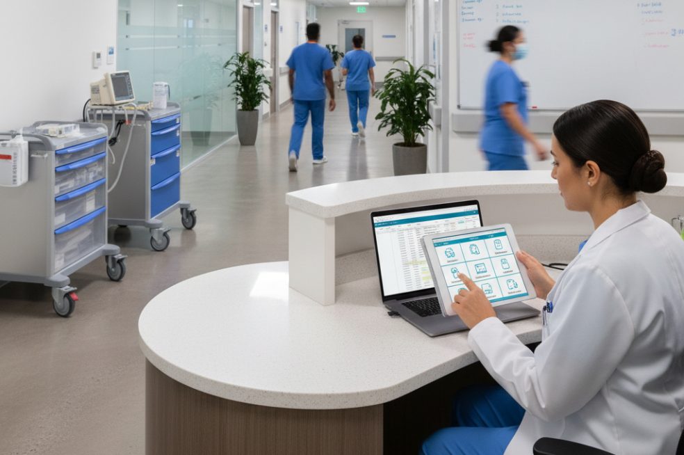 Hospital staff at a nurses station
