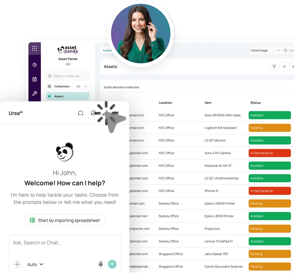 Asset Panda assets table with the UrsaAI assistant panel and a support agent avatar