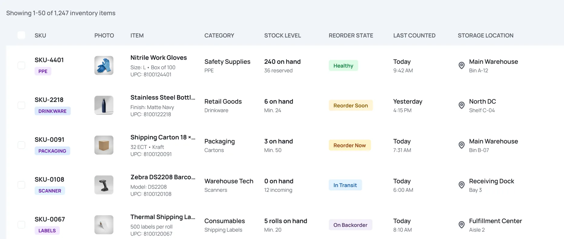 Asset Panda asset list showing asset IDs, assignees, status, and location