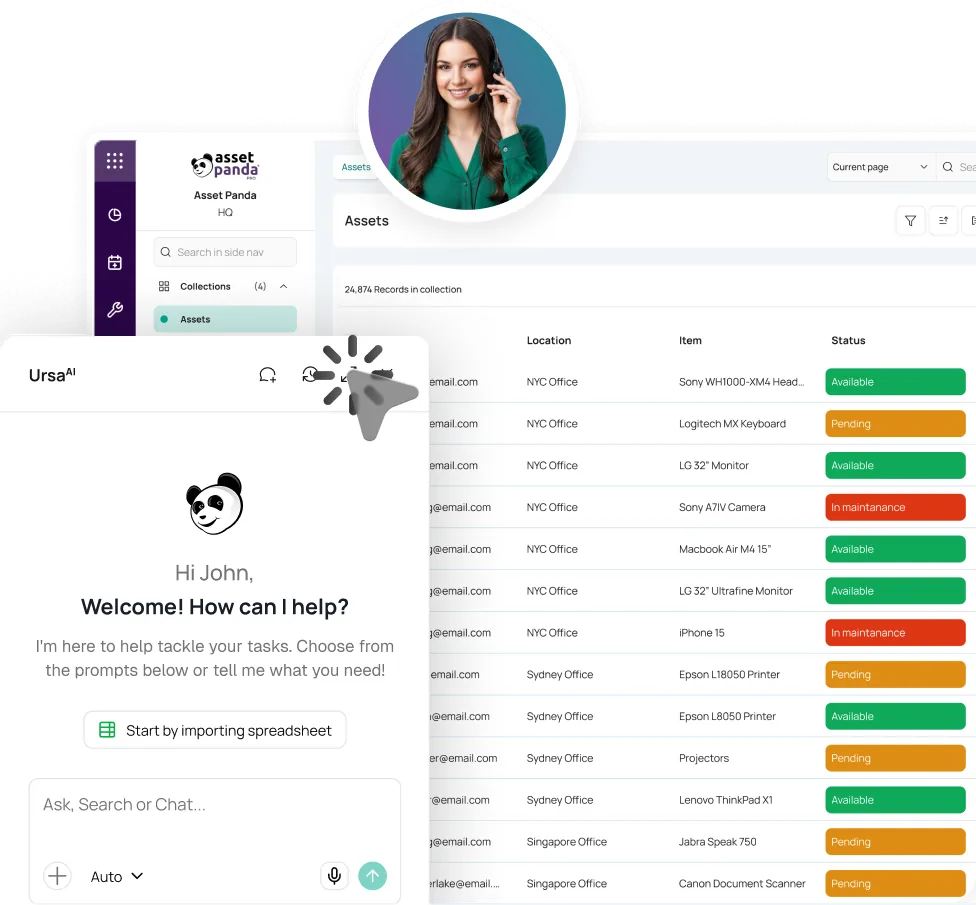 Asset Panda dashboard with the UrsaAI assistant panel