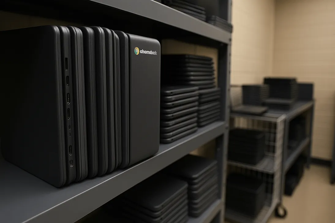 IT devices stored on shelves awaiting handoff and verification