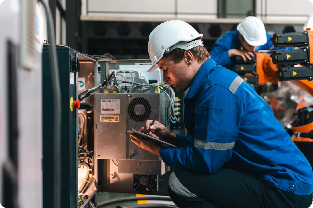 Technician in a hard hat checking industrial equipment with a tablet