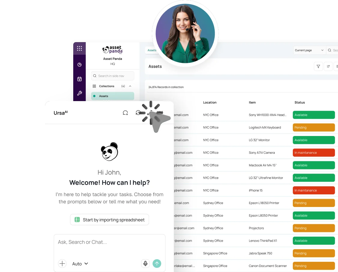 Asset Panda assets table with the Ursa AI assistant panel open