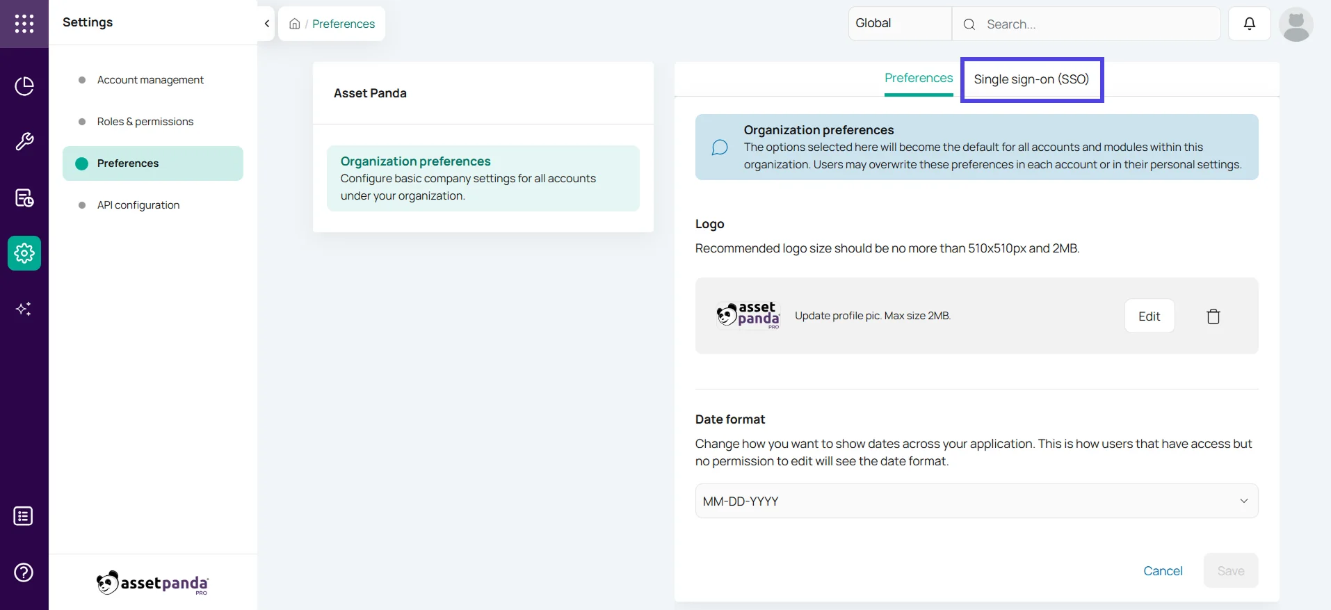Asset Panda Pro SSO SAML Step 1