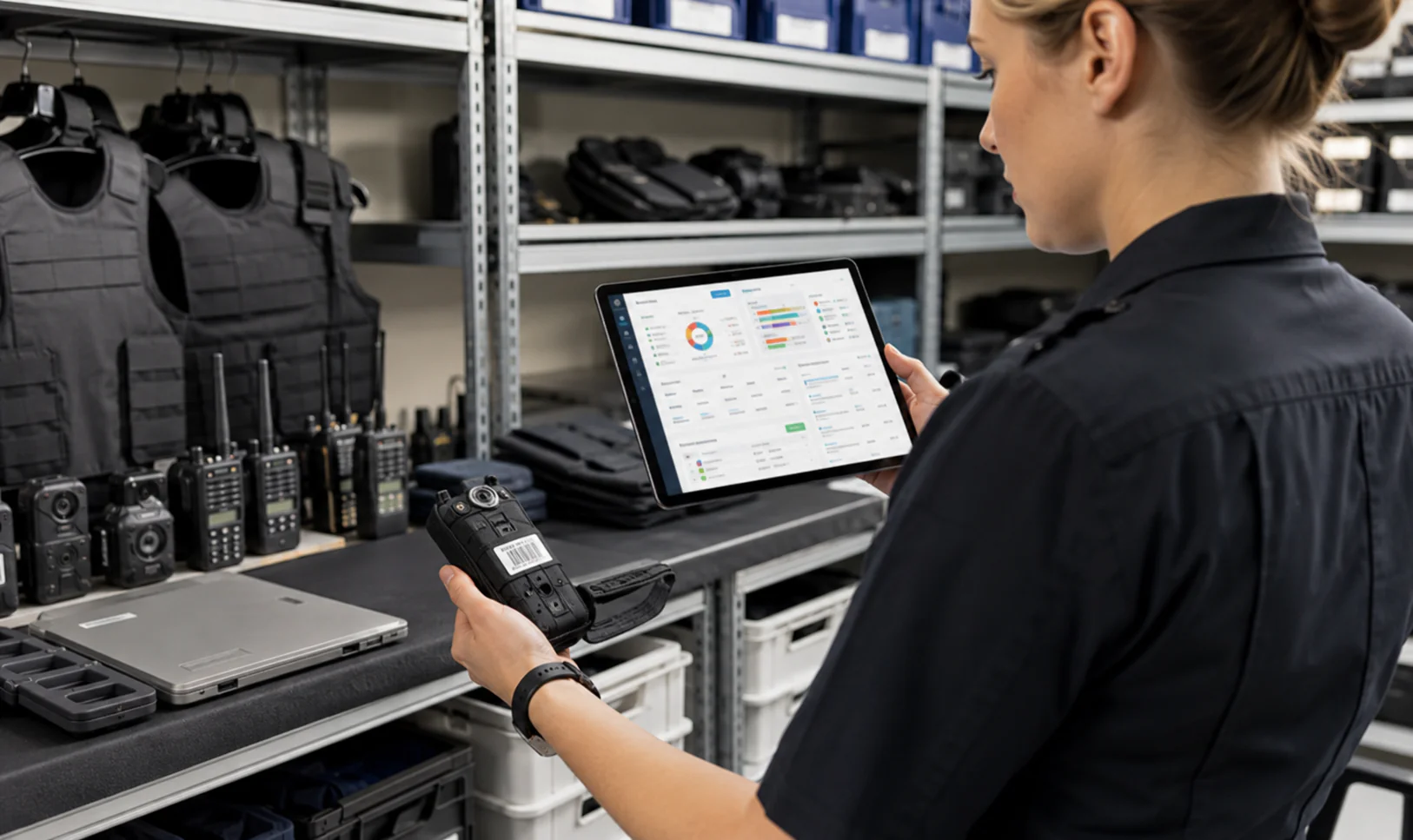 Police officer doing an inventory update on the assets using asset panda management software