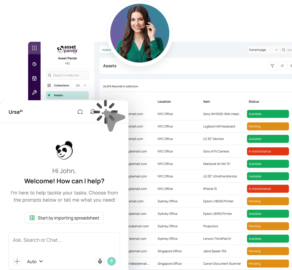 Asset Panda dashboard with the UrsaAI assistant panel