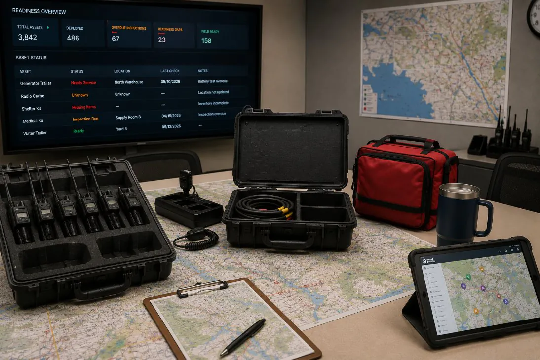 Emergency equipment staged on a planning table with a readiness dashboard on screen