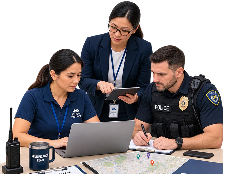 Emergency response team checking equipment readiness around a planning table