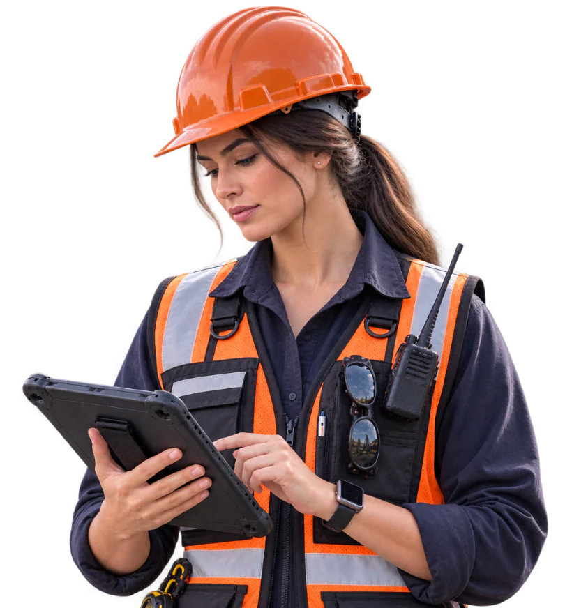 Construction worker reviewing equipment