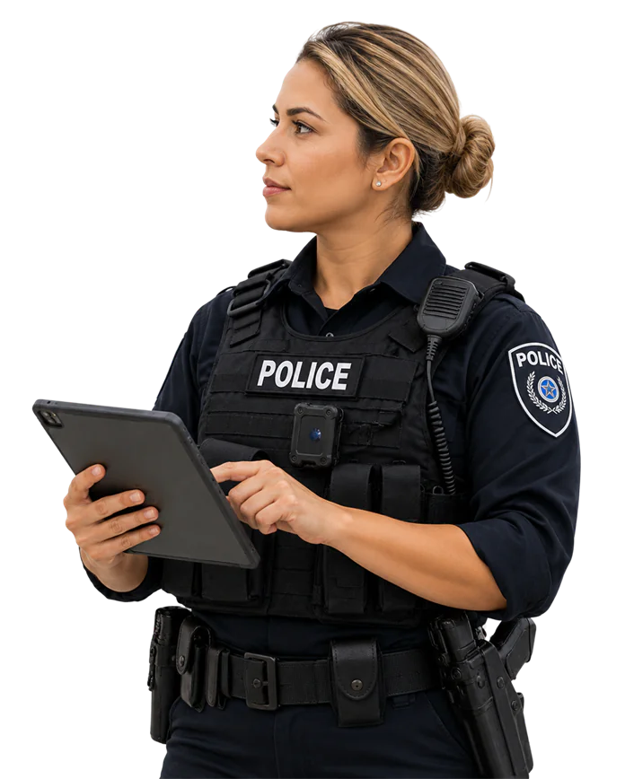 Police officer reviewing assets on a tablet