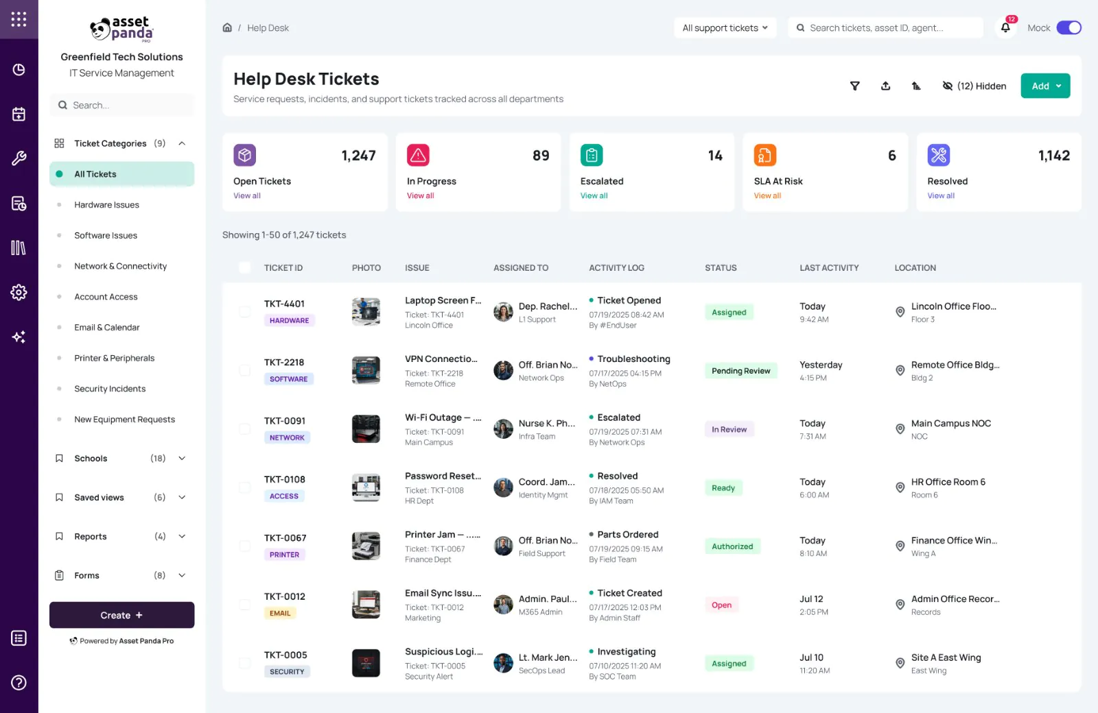 Asset Panda help desk ticket list showing ticket IDs, issues, assignees, status, and location