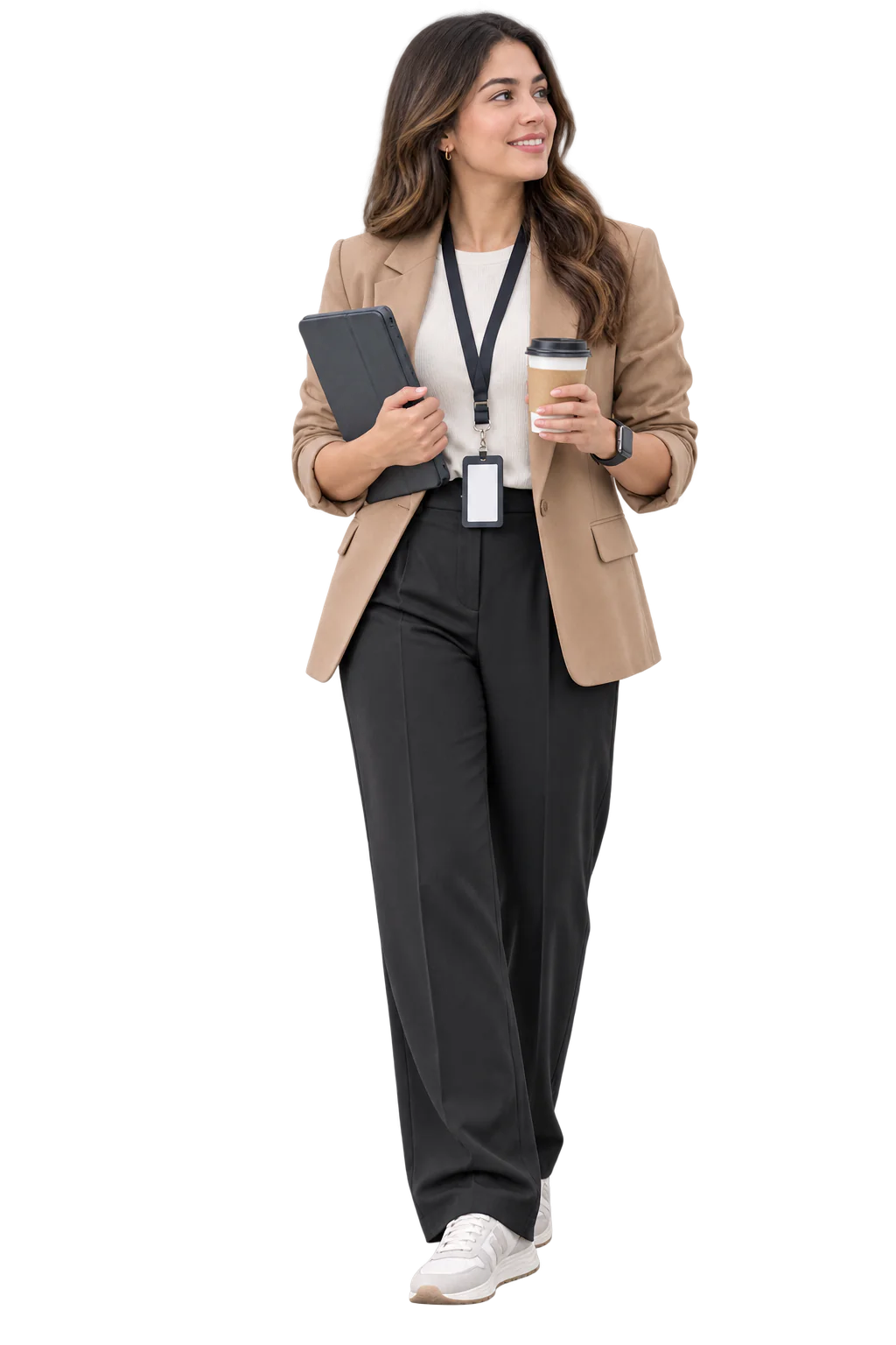 Employee holding a tablet and a coffee, smiling