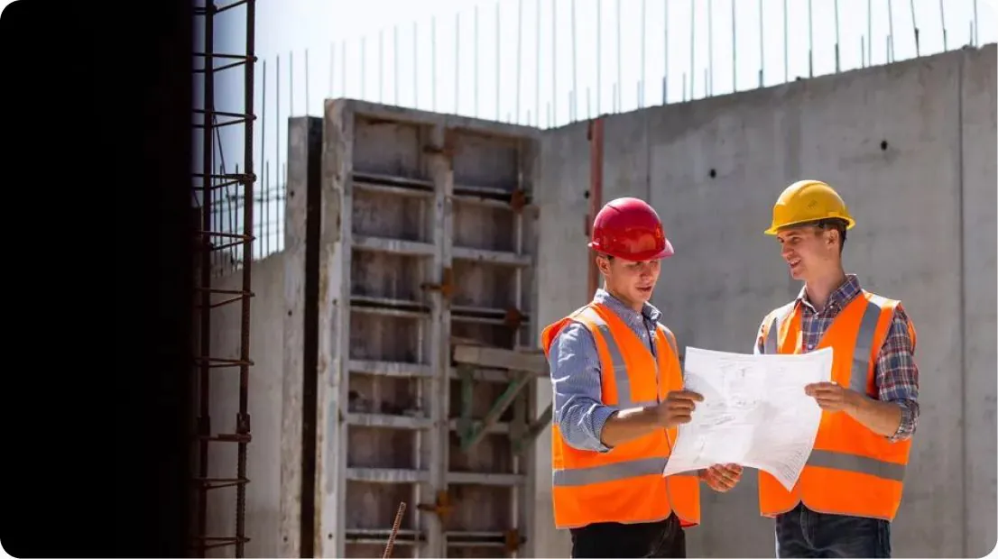 Construction workers reviewing plans on site
